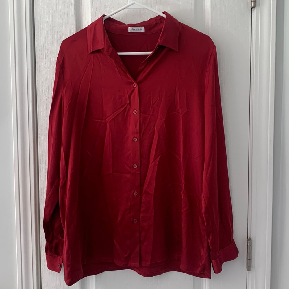 Women's Satin Button-Up Blouse - Red - Picture 4 of 14